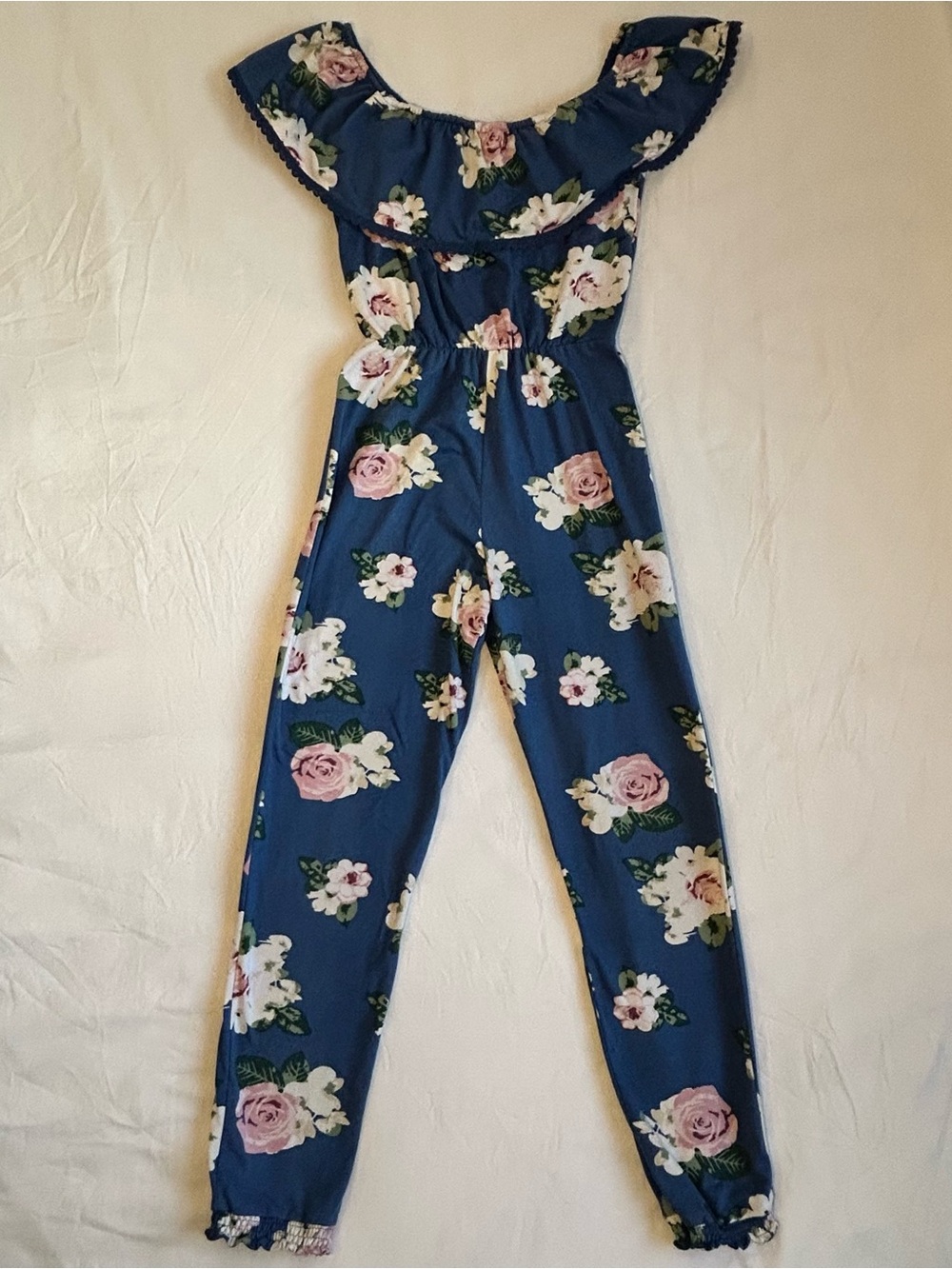 Girls Blue Floral Off-Shoulder Jumpsuit
